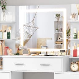 White Wood Vanity Set, Touch Control Dimmable LED Mirror, 7 Drawers Bedroom Makeup Desk Easy Assembly