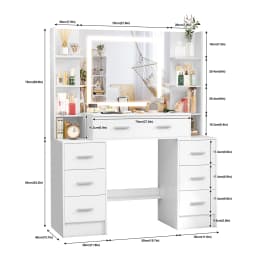 White Wood Vanity Set, Touch Control Dimmable LED Mirror, 7 Drawers Bedroom Makeup Desk Easy Assembly
