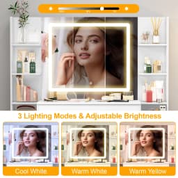 White Wood Vanity Set, Touch Control Dimmable LED Mirror, 7 Drawers Bedroom Makeup Desk Easy Assembly