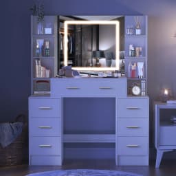 White Wood Vanity Set, Touch Control Dimmable LED Mirror, 7 Drawers Bedroom Makeup Desk Easy Assembly