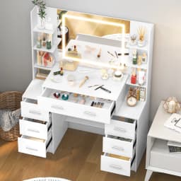 White Wood Vanity Set, Touch Control Dimmable LED Mirror, 7 Drawers Bedroom Makeup Desk Easy Assembly