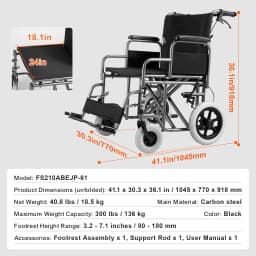 SucceBuy Wheelchair for Adults Foldable Wheelchair with Arms Self-locking Brake 15.75Inch/18Inch/24Inch Wide Seat 220/300lb Load