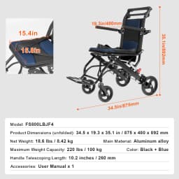 SucceBuy Wheelchair for Adults Foldable Wheelchair with Arms Self-locking Brake 15.75Inch/18Inch/24Inch Wide Seat 220/300lb Load
