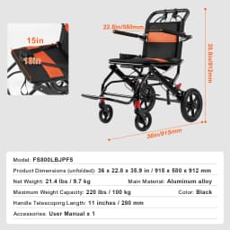 SucceBuy Wheelchair for Adults Foldable Wheelchair with Arms Self-locking Brake 15.75Inch/18Inch/24Inch Wide Seat 220/300lb Load