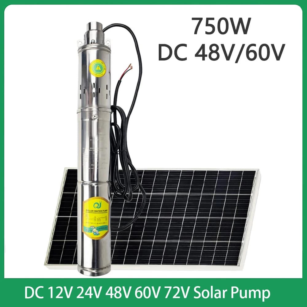 2 Ton/H High Flow 1HP750W Solar Deep Well Pump, Built-in Controller, Stainless Steel Agricultural Submersible Pump
