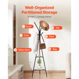 SucceBuy Coat Rack Freestanding Coats Rack Stand with 2 Shelves & 6 Hooks Free Standing Hall Coat Tree for Bedroom Living Room