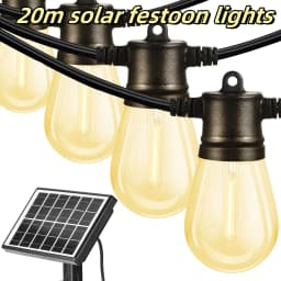 Solar Power 20M LED Festoon String Lights Waterproof Connectable 20LED for Party Holiday Garden Patio Wedding Outdoor