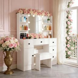 Teousev White Makeup Vanity Set, 3 Color Dimmable LED Mirror, 5 Drawers with Stool, Easy Assembly Bedroom Dressing Table