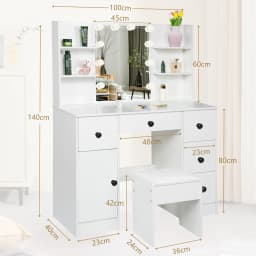 Teousev White Makeup Vanity Set, 3 Color Dimmable LED Mirror, 5 Drawers with Stool, Easy Assembly Bedroom Dressing Table