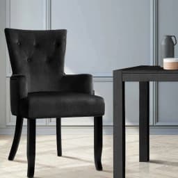 Velvet French Provincial Dining Chair Black Upholstered Accent Armchair Elegant Living Room Side Chair Antique Style Wooden Legs