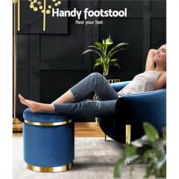 Round Velvet Ottoman Foot Stool Navy Upholstered Padded Decorative Living Room Accent Seat Storage Style Footrest Compact Home Furniture
