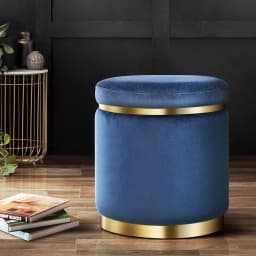 Round Velvet Ottoman Foot Stool Navy Upholstered Padded Decorative Living Room Accent Seat Storage Style Footrest Compact Home Furniture