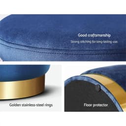 Round Velvet Ottoman Foot Stool Navy Upholstered Padded Decorative Living Room Accent Seat Storage Style Footrest Compact Home Furniture