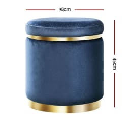 Round Velvet Ottoman Foot Stool Navy Upholstered Padded Decorative Living Room Accent Seat Storage Style Footrest Compact Home Furniture