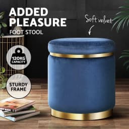 Round Velvet Ottoman Foot Stool Navy Upholstered Padded Decorative Living Room Accent Seat Storage Style Footrest Compact Home Furniture