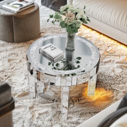 Modern Mirrored Side Table | Silver Finish + Crystal-Inlay Diamonds | Versatile Coffee/Bedside Table for Living Room & Bedroom