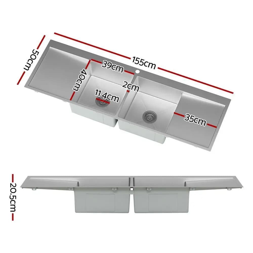 Stainless Steel Kitchen Sink Basin Large Single Bowl 155x50cm Undermount Topmount Flush Mount Durable Deep Workstation Sink