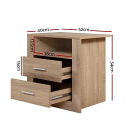 2 Pack Oak Bedside Table with 2 Drawers and Shelf Modern Nightstand Storage Cabinet for Bedroom