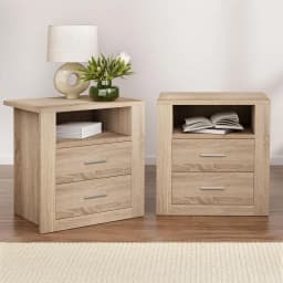 2 Pack Oak Bedside Table with 2 Drawers and Shelf Modern Nightstand Storage Cabinet for Bedroom