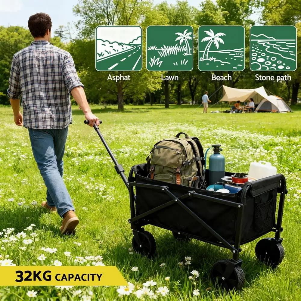 Heavy Duty Foldable Garden Cart Camping Wagon Beach Trolley Outdoor Utility Transport Wagon Black