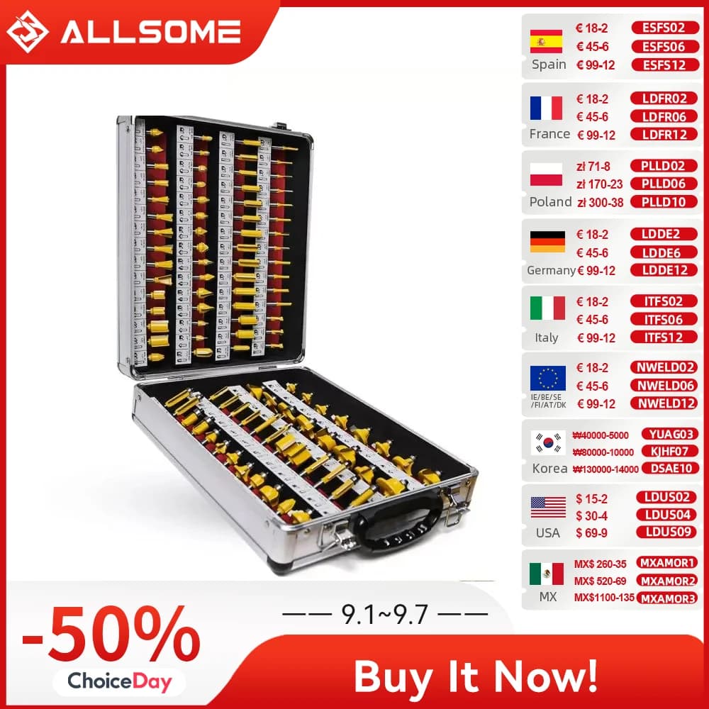 ALLSOME 100Pcs/Set 1/4 Inch Shank Tungsten Carbide Router Bit Woodworking Milling Cutter HT1192