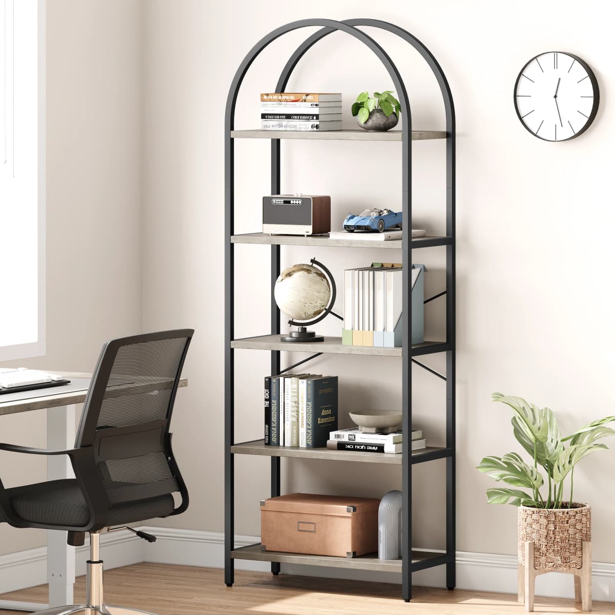 Bookshelf 5 Tier Bookcase Arched Display Racks Tall Standing Bookshelves Metal Frame Modern Storage Rack Shelf Large Wood Book S