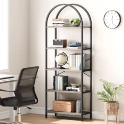 Bookshelf 5 Tier Bookcase Arched Display Racks Tall Standing Bookshelves Metal Frame Modern Storage Rack Shelf Large Wood Book S