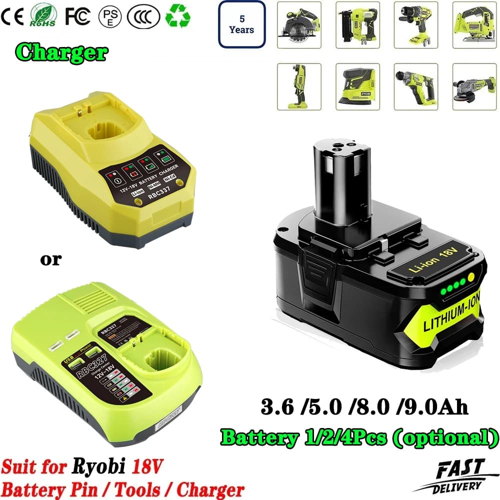 1~4Pcs 3.6/5.0/8.0/9.0Ah P108 P102 P109 Replace for Ryobi 18V Li-on Tools Battery Pin + 12-18V Ni-mh/Ni-cd/Li-ion P117B Charger