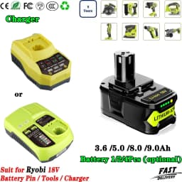 1~4Pcs 3.6/5.0/8.0/9.0Ah P108 P102 P109 Replace for Ryobi 18V Li-on Tools Battery Pin + 12-18V Ni-mh/Ni-cd/Li-ion P117B Charger
