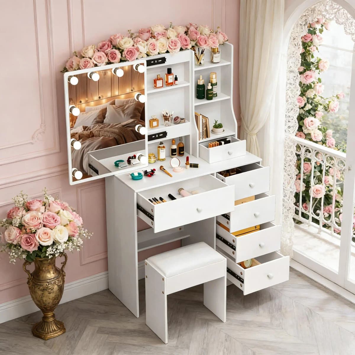 Teousev Makeup Vanity Set with Adjustable 10 LED Lighted Mirror & Stool, 6 Drawers Storage Organizer Dressing Table for Bedroom