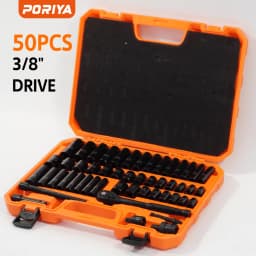 PORIYA 50Pc 3/8" Drive Impact Socket Set Ratchet Wrench Metric SAE Deep Short Sockets