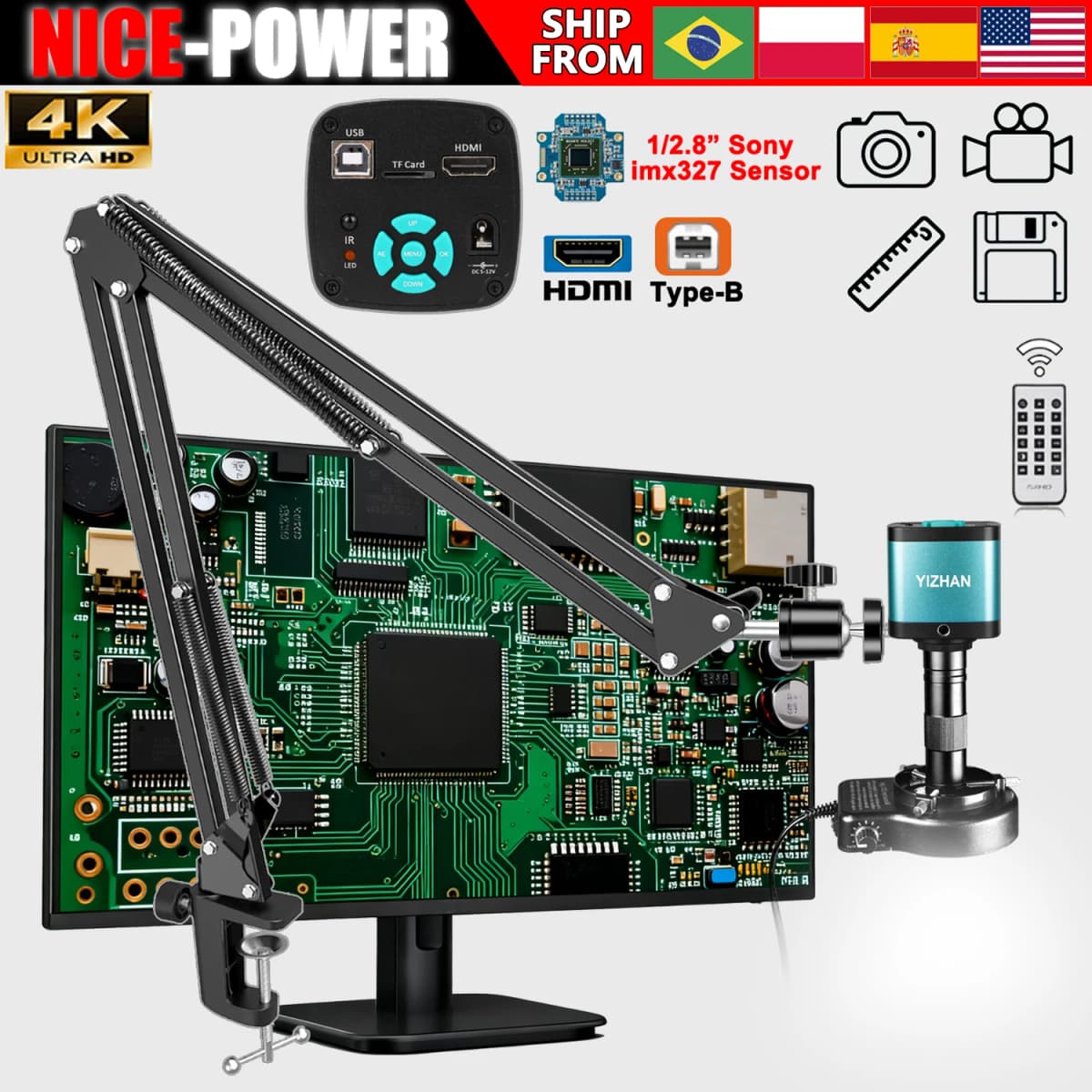NICE-POWER 150X Digital Microscope 4K 60MP/48MP/13MP HDMI Type-C/USB Industrial Video Microscope Camera For PCBA Inspection