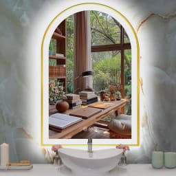 Gold LED Bathroom Mirror Large Wall Mounted Vanity Mirror 3 Colors Anti-Fog Dimmable Front Light Aluminum Frame 36x24" Arched