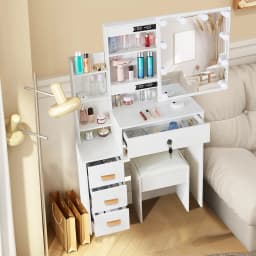 Dressing Table With Sliding Mirror And Lighting Bedroom Dressing Table LED Makeup Mirror Stool Set 10 Bulbs Vanity Desk White