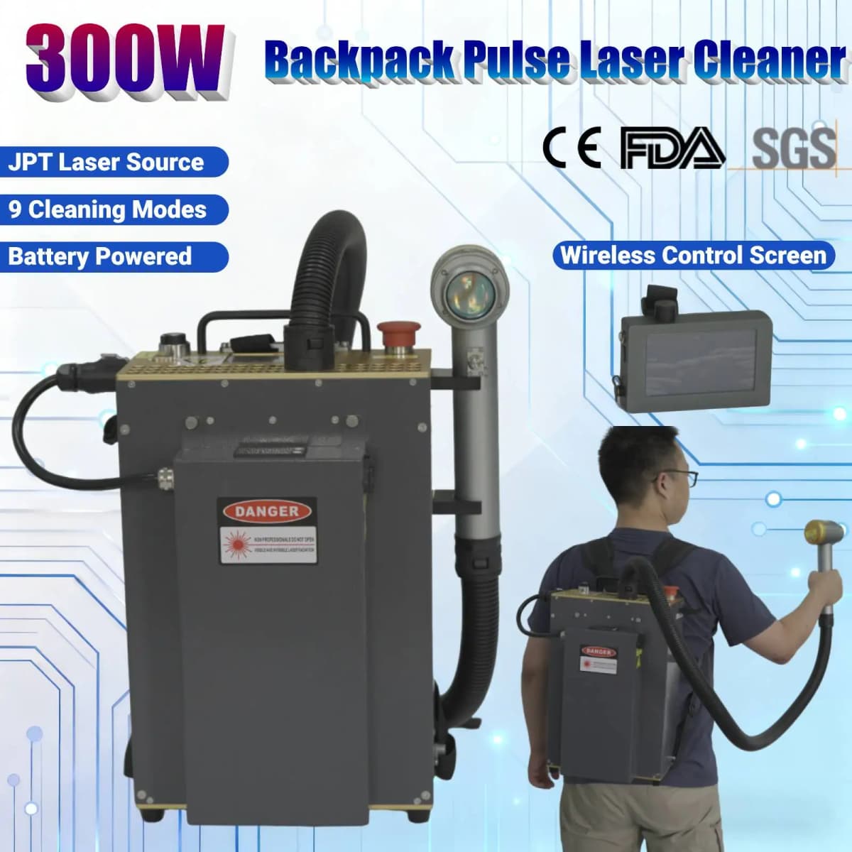 300W Backpack JPT Pulse Fiber Laser Cleaning Machine AC 220V/Battery Powered Laser Cleaner For Metal Wood Oil Paint Rust Removal