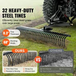 SucceBuy Pull-Behind Thatch Remover 60" Equipped with Steel Prong Tractor Compatible Hitch Garden Rake for Soil Preparation