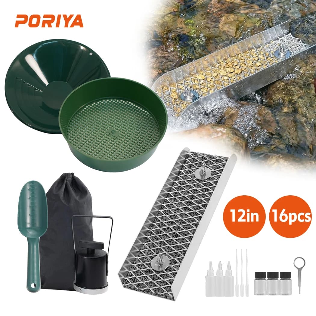 PORIYA Gold Panning Kit With Sluice Box 12" Aluminum Gold Mining Equipment 16 PC