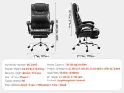SucceBuy Executive Office Chair 300/400lb Capacity Chair Height Adjustable Ergonomic PU Leather Reclining Home Office Chair