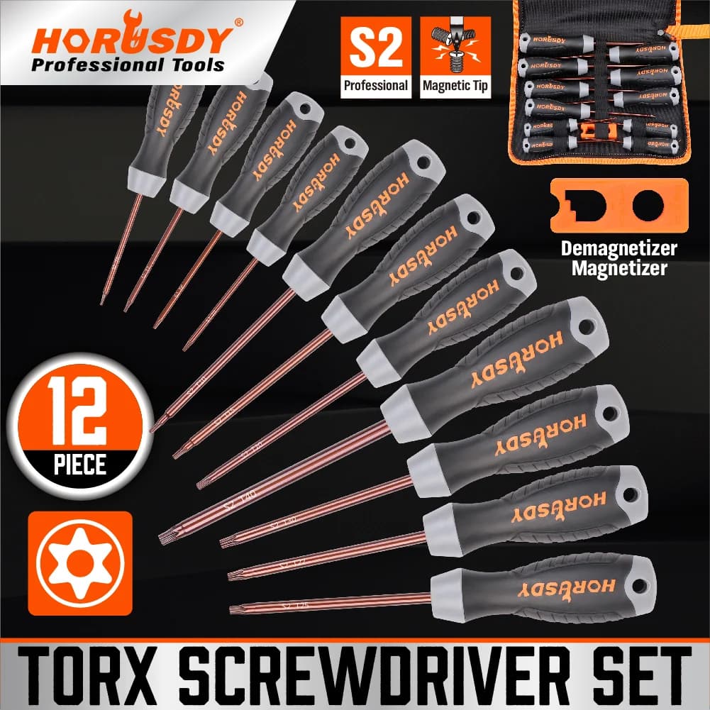 HORUSDY 12Pc Magnetic Torx Screwdriver Set Star Key Tamper Proof S2 Steel T6-T40 W/t Bag