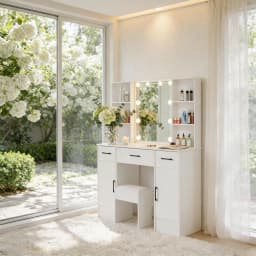 Dressing Table Makeup Vanity Set, Large 3 Color Dimmable 10 Led Bulbs Mirror, 3 Storage Drawers Bedroom Furniture