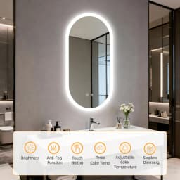 80/100/120CM Long Oval LED Bathroom Mirror Backlit Wall Mounted Illuminated Bathroom Vanity Mirror Memory Function Anti-Fog