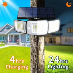 Intelamp Long Battery Life 6000mah Outdoor Solar Lights Security Flood Wall Lights Spotlight With Larger Solar Panel Faster Charging Two Motion Sensors Detect Longer&Wider For Garden Yard Garage