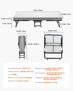 SucceBuy 31/38in Rollaway Bed Portable Twin Roll Away Bed with Metal Frame & Memory Foam Mattress Multi-functional Recliner