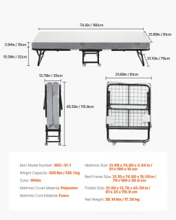 SucceBuy 31/38in Rollaway Bed Portable Twin Roll Away Bed with Metal Frame & Memory Foam Mattress Multi-functional Recliner
