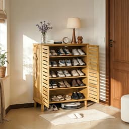 5 Tier Natural Wood Shoe Storage Cabinet Organizer Ventilated Slatted Doors 2 Or 3 Doors Shoes Rack for Entryway Hallway Closet