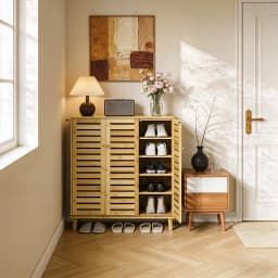 5 Tier Natural Wood Shoe Storage Cabinet Organizer Ventilated Slatted Doors 2 Or 3 Doors Shoes Rack for Entryway Hallway Closet