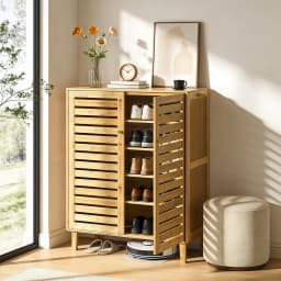 5 Tier Natural Wood Shoe Storage Cabinet Organizer Ventilated Slatted Doors 2 Or 3 Doors Shoes Rack for Entryway Hallway Closet