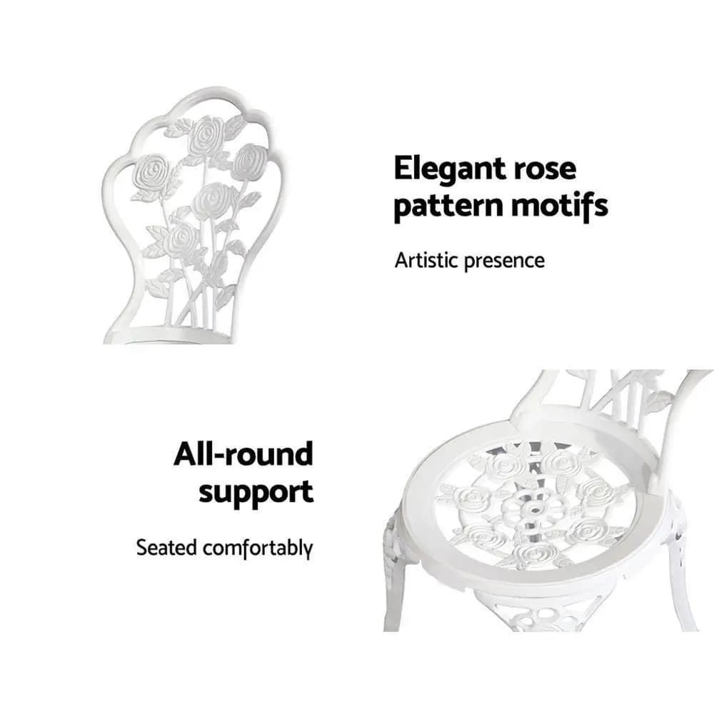 3 Piece Outdoor Bistro Set Cast Aluminum Patio Furniture Rose White Chairs Table
