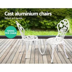 3 Piece Outdoor Bistro Set Cast Aluminum Patio Furniture Rose White Chairs Table