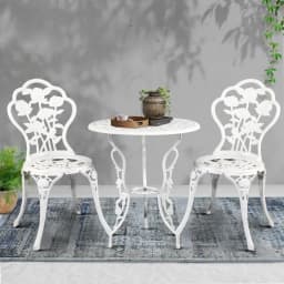 3 Piece Outdoor Bistro Set Cast Aluminum Patio Furniture Rose White Chairs Table